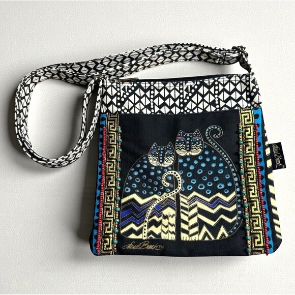 Laurel Burch Handbags - Laurel Burch Beaded Canvas Cat Print Crossbody Bag Black/Multicolor